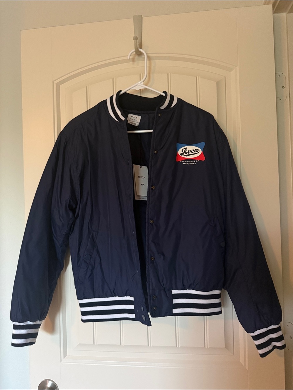 Brand New RVCA Navy Bomber Jacket with White Striped Trim and Chest Patch